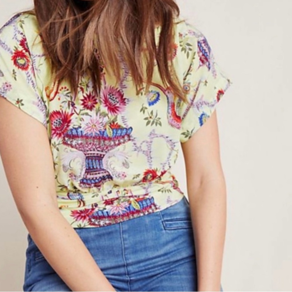 NEW Anthropologie Maeve Garden Yellow Silk Bird Cottagecore Ethereal Blouse 4